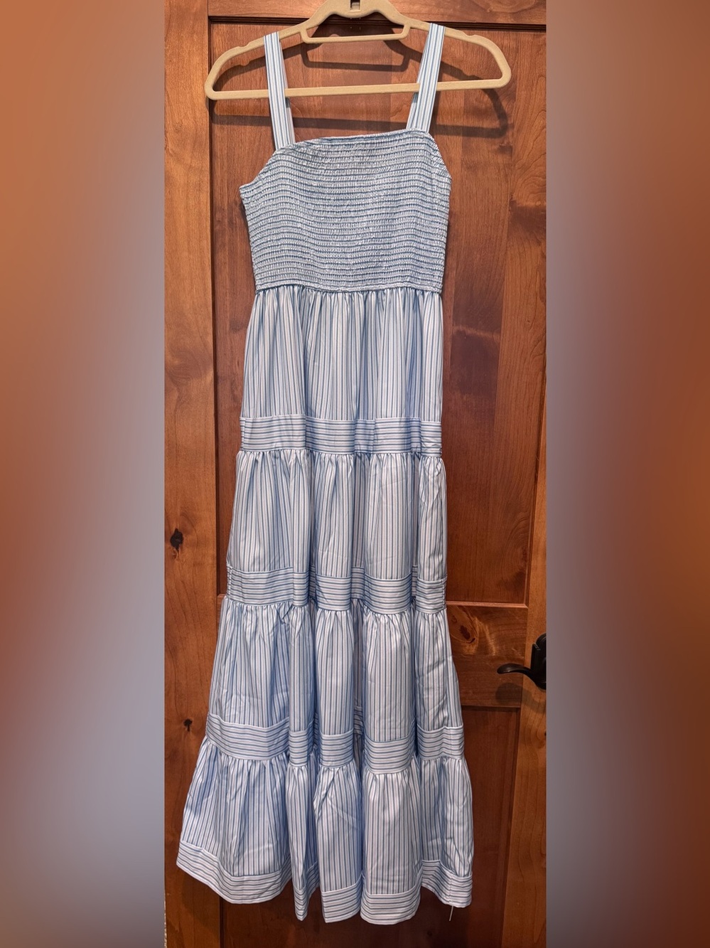 NWOT Commense Pinstripe Shirred Smocked Maxi Dress - Picture 2 of 5
